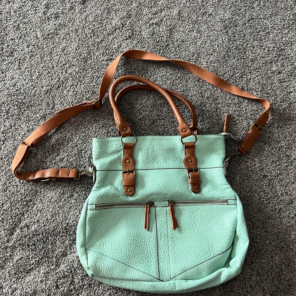 Mint Green Tote Bag with Tan Straps